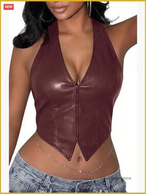 Faux Leather Halter Corset Crop Top Deep V-Neck Backless Asymmetrical Cami